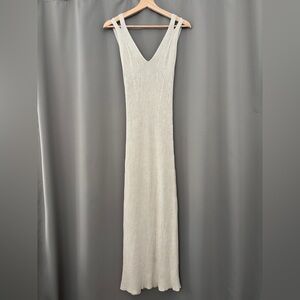 Massimo Dutti Cream Ribbed V-Neck Maxi Dress